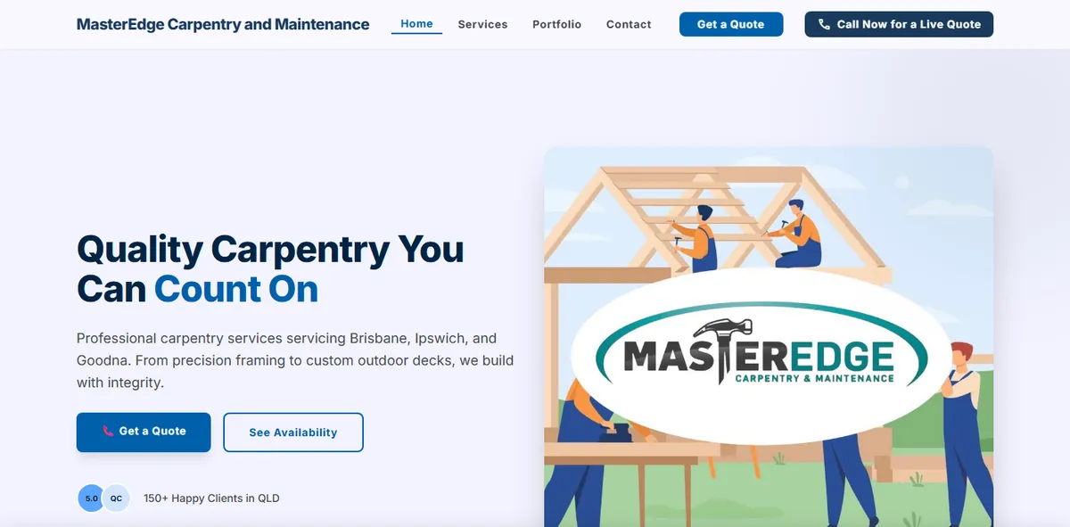 Master Edge Carpentry's website homepage, built and hosted by WebGecko